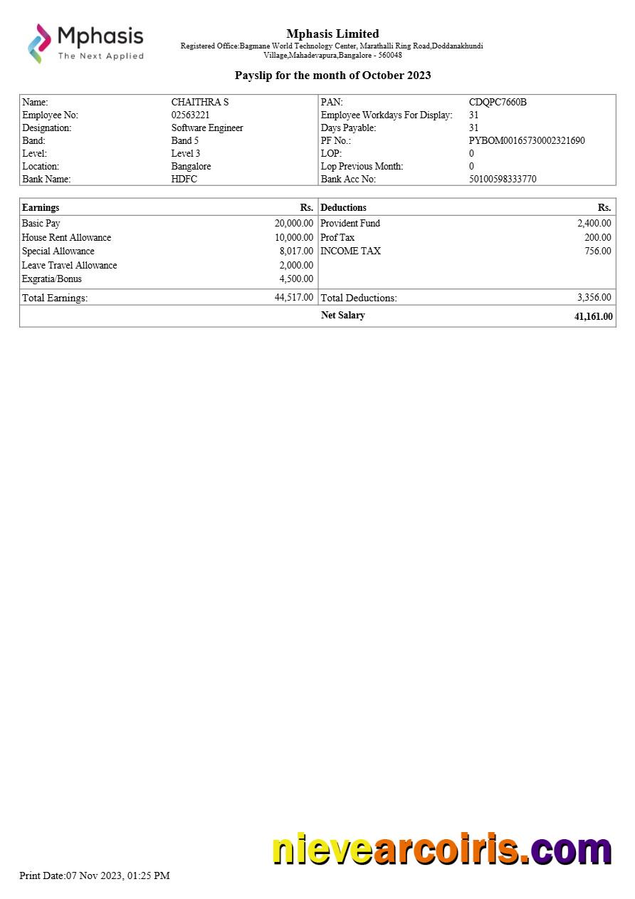 Mphasis IT company payslip